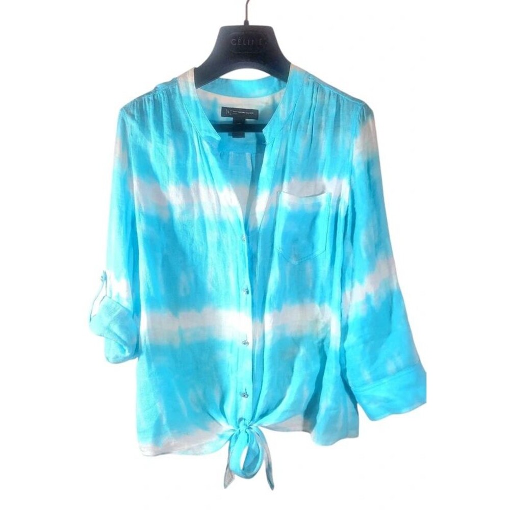INC Tie-Dye Blue Tie-Front Roll-Tab Sleeve Button-Down Top. 12p